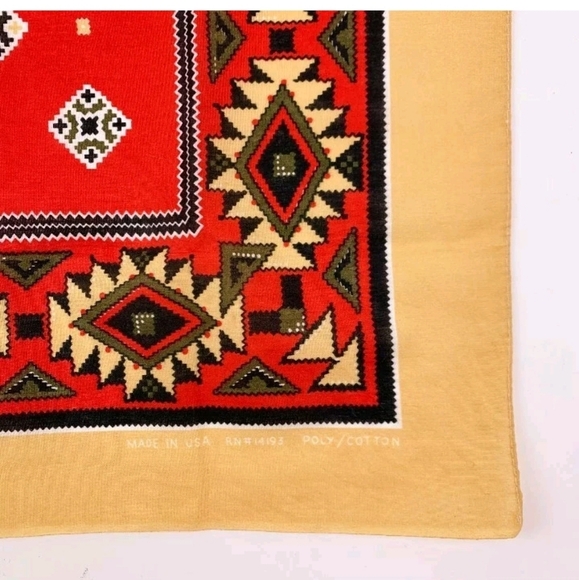VTG NEW Crisp Aztec Native Scarf Handkerchief/Bandana/ Red/White/Mustard 21"x21" - Picture 6 of 8